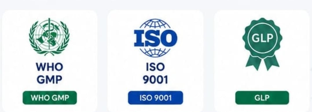 Exact supplied WHO GMP, ISO 9001 and GLP certification marks