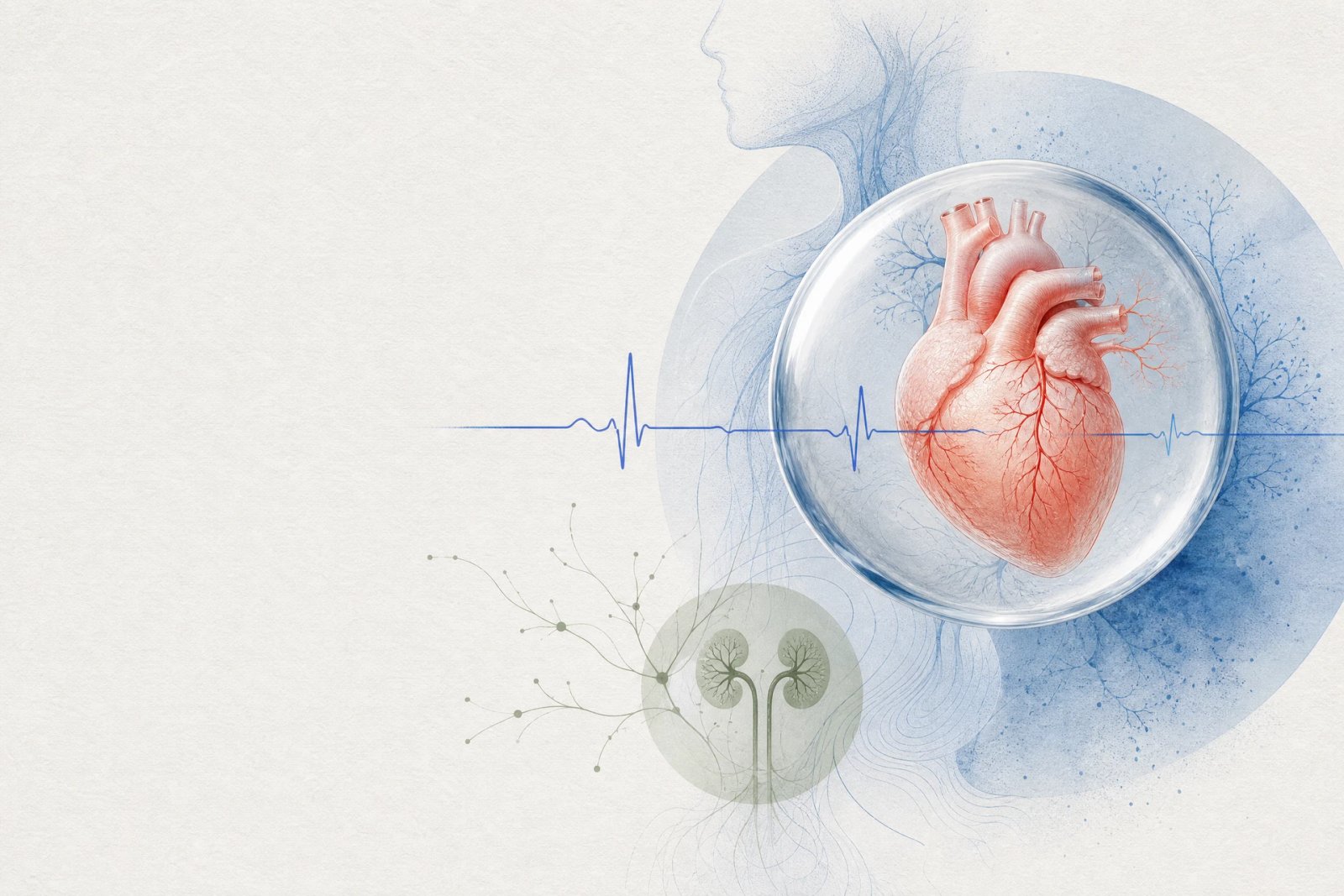 Abstract editorial illustration of a heart, arterial lines and connected care